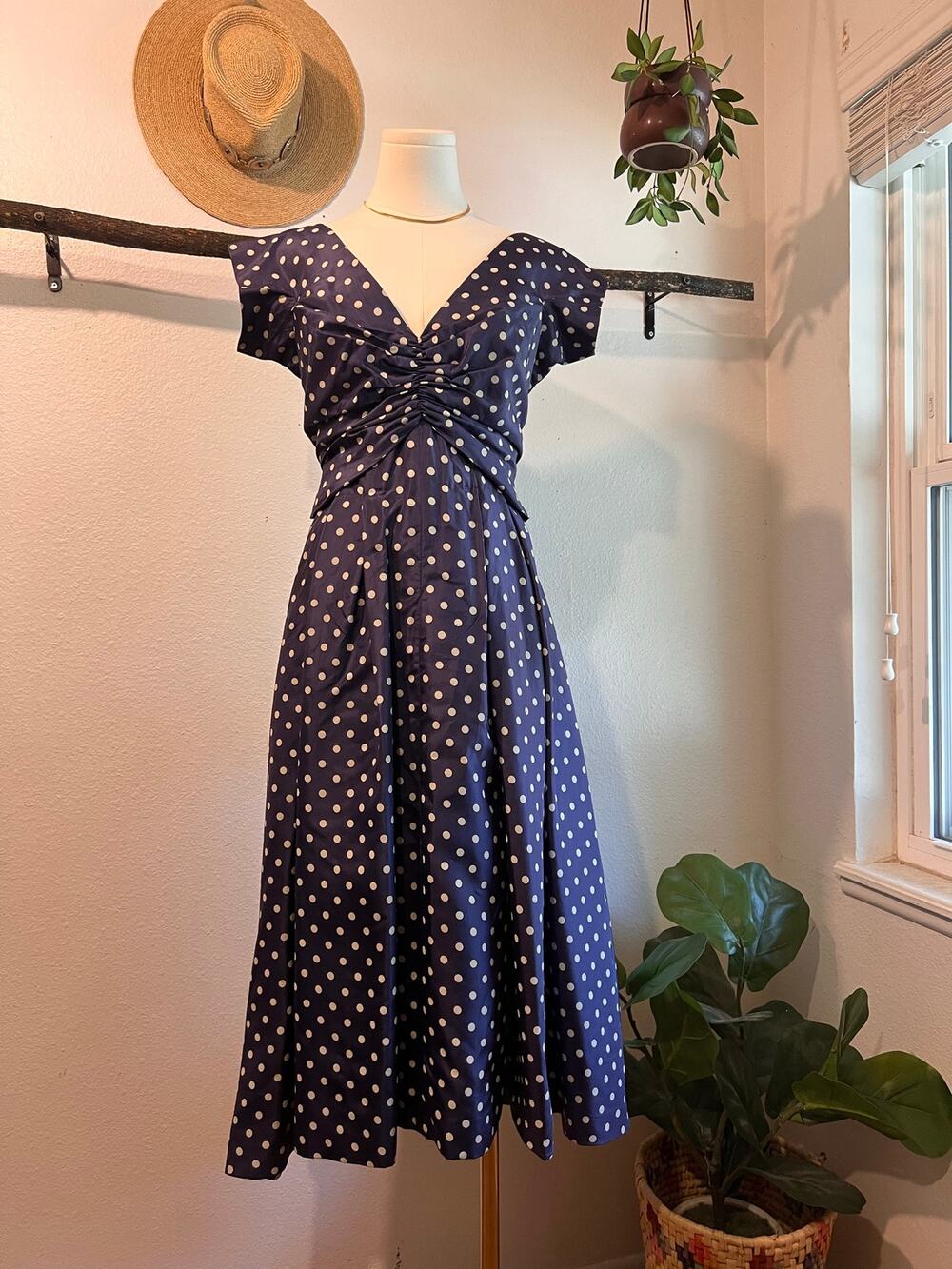 1950s RARE Beltratti Padova Silk Blue Polka Dot Fit & Flare Dress Size Small
